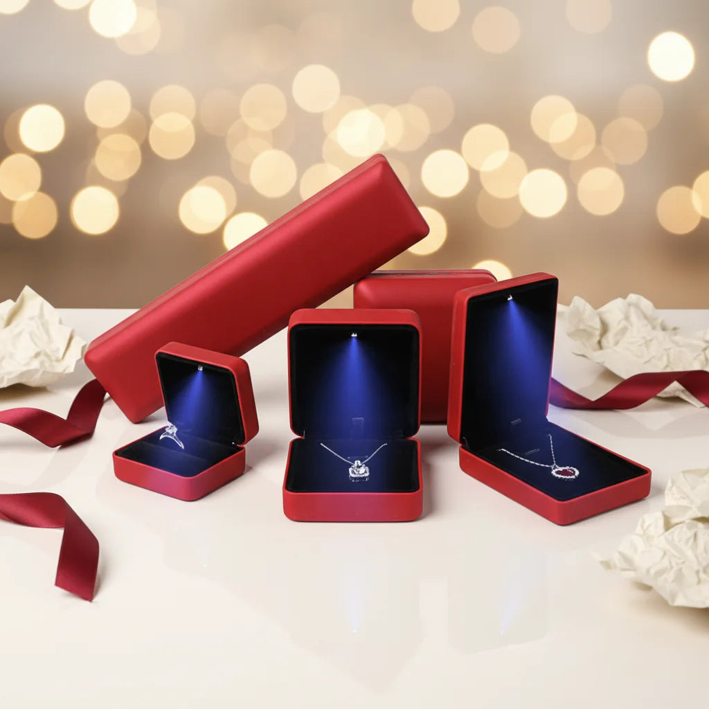 Professional Red Plastic Engagement Ring Case Octagonal Jewelry Box with LED Light Pendant Packaging