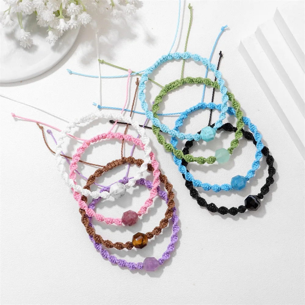 Natural Amethyst Gemstone Beads Bracelet Healing Crystal  Natural Stone Bracelet Pyramid Beads Adjustable Woven Bracelet