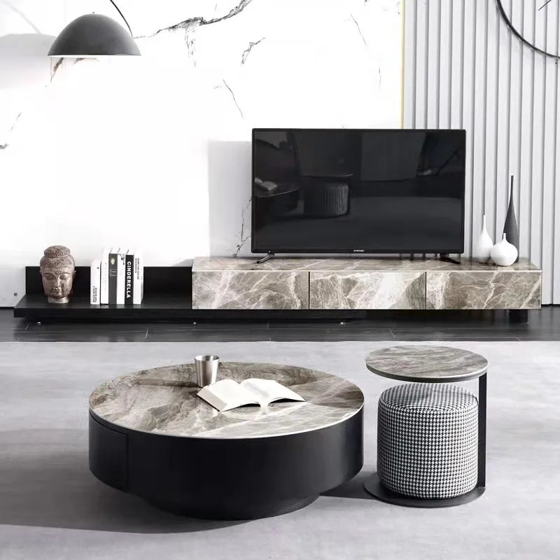 Modern Size Round Coffee Table Set with Stool Wooden Rock Slab Retractable Marble Coffee Table TV Cabinet