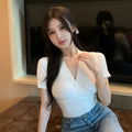 2024 Summer V-neck Knit Top Slim Solid Color Short Top Knit Pullover Short T-shirt for Women