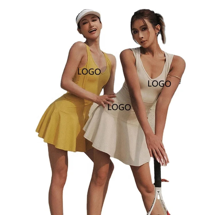 New Women Back Beauty Dress Women Tennis Dress Fitness Running With Shorts Pockets Push up High Elastic Skirt Set Custom