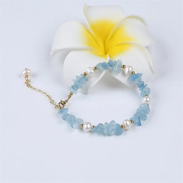 Fashion Adjustable Natural Freshwater Pearl Gravel Aquamarine Bracelet
