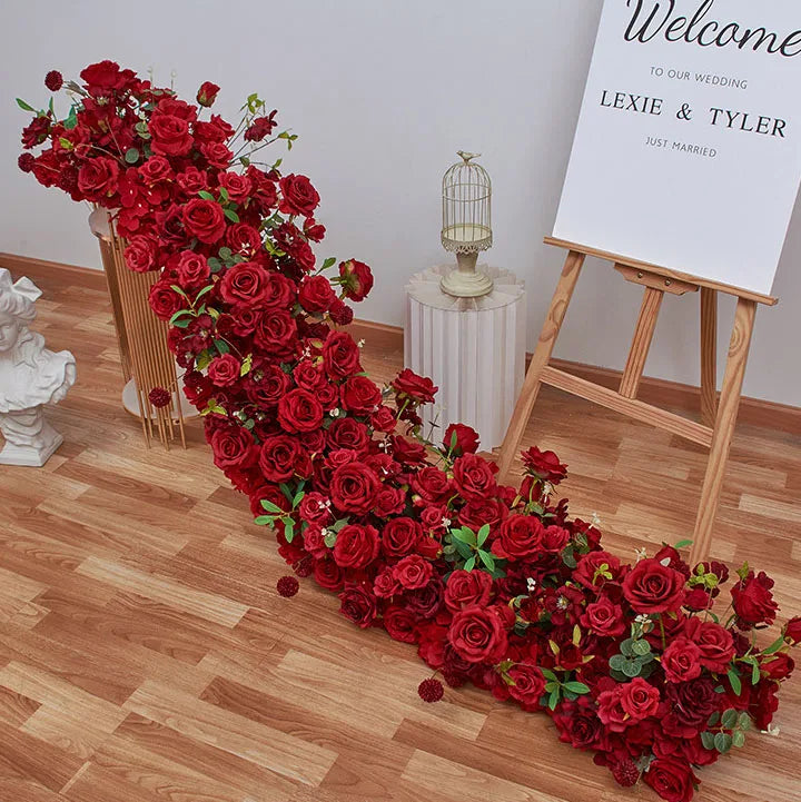 GJ-FRN016 Oem Factory Luxury Floral Table Runner Wedding Red Flower Runner Rose Flower Runners for Event Decoration