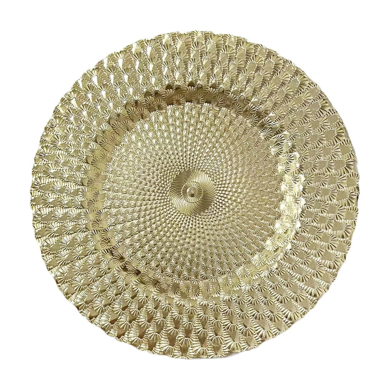 Elegant Peacock Feather Pattern Gold Charger Plate Eco-Friendly Reusable Stylish Party Supplies 100pcs Minimum Order