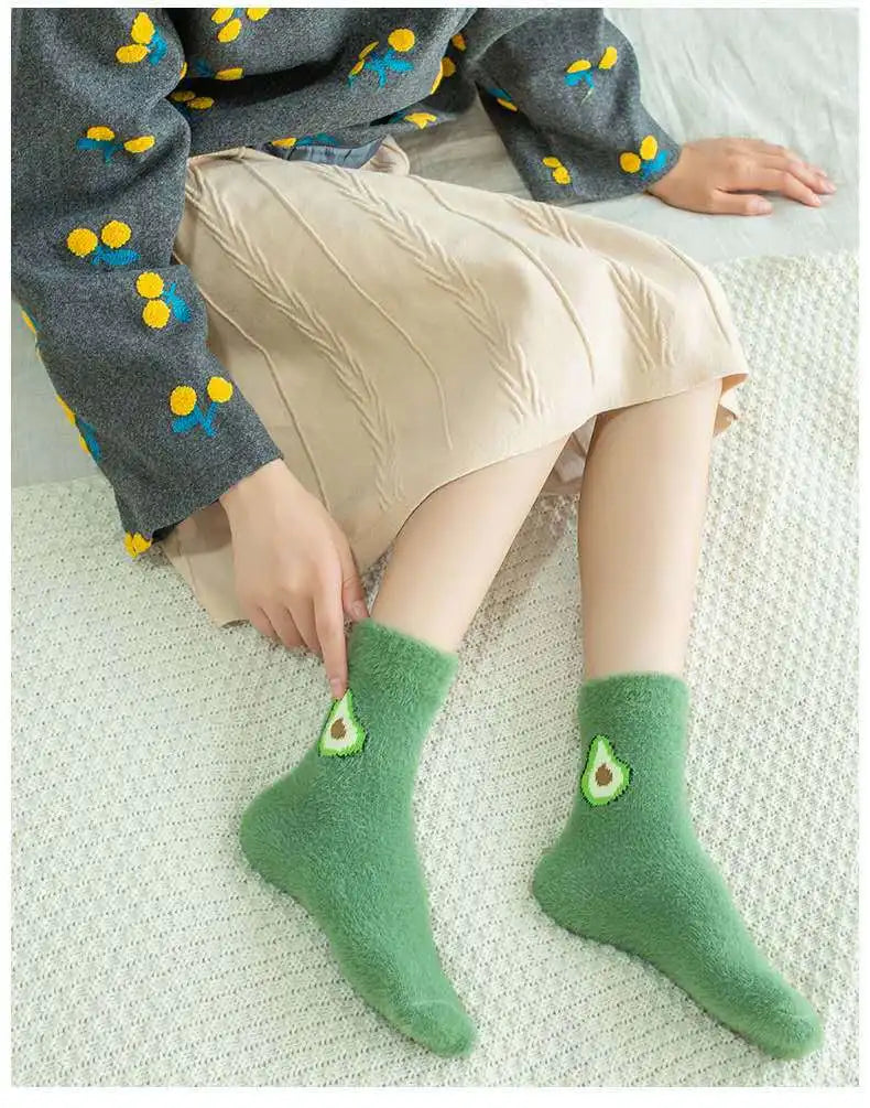 FINETOO Colorful Women Fruit Cute Socks Velvet Thickened Winter Warm Socks Ladies Elastic Breathable Comfortable Girls Socks