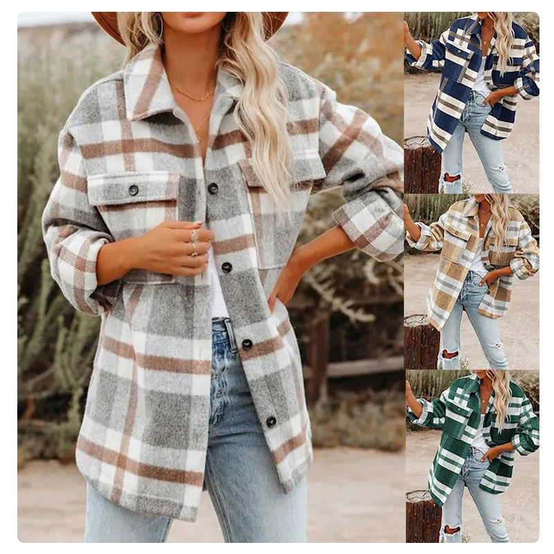 Women's Wool Blend Jacket Coat Plaid Shirt Shacket Women Coats Winter and Autumn Women  Warm Jacket