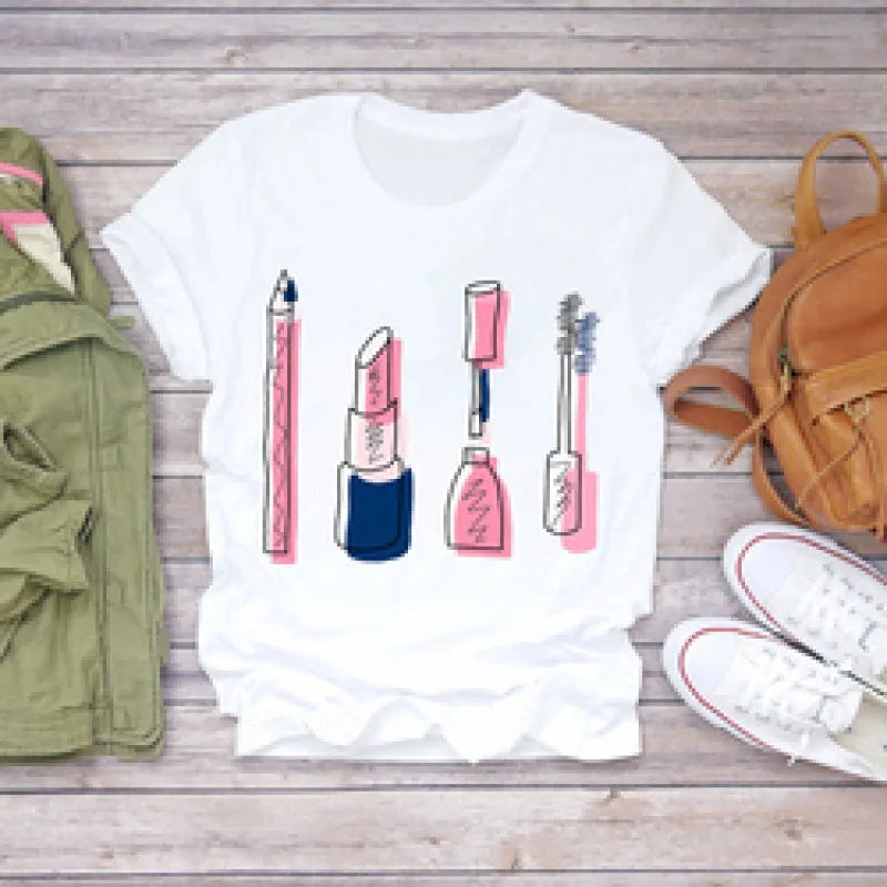 Classic T Shirt Women High Heel Bag Perfume Flowers Print T-Shirt Lady Clothes Girl Oversized Sweater Floral Tees Harajuku Tops