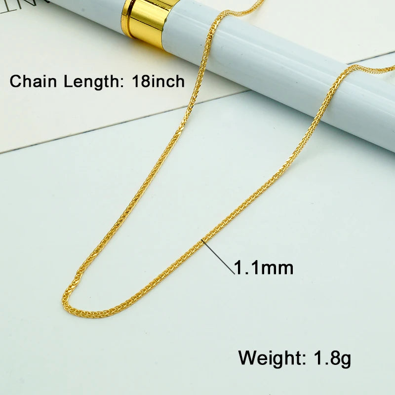 Factory Wholesale 1.1mm 18K Solid Yellow Gold Square Wheat Chain AU750 Fashion Long Chain Design 18inch for Women