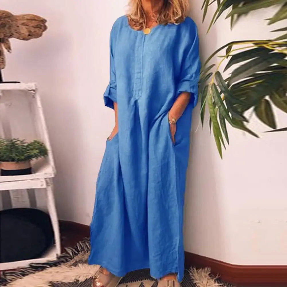 Ladies Comfortable Linen Fabric Maxi Dresses Large Size Loose O-Neck Long Sleeve Women Casual Dress
