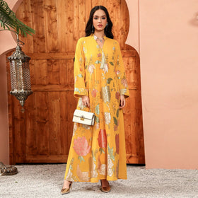 Muslim Fashion Floral Embroidery Sequins Casual Abaya Long Sleeve Notched V-Neck Tassel Dress Moroccan Dubai Women Robe