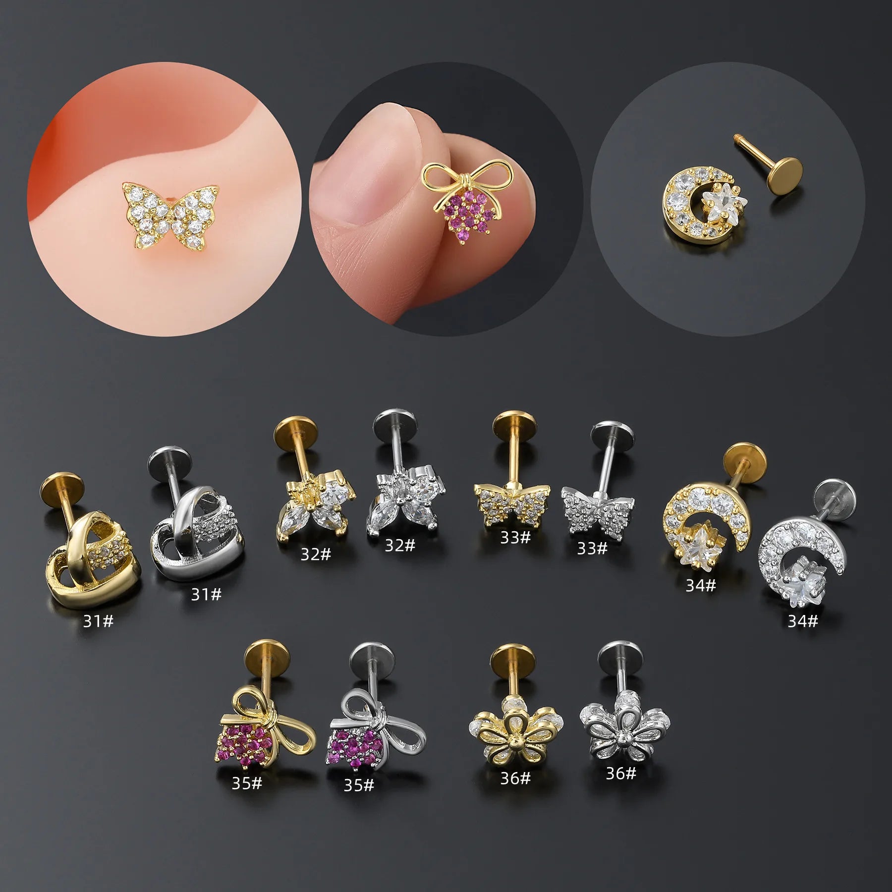 Custom G23 Titanium Flat Back Lip Studs Hypoallergenic Nickel Free Comfortable Nose Studs Zircon Durable Push Piercing Jewelry
