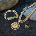 DAIHE 3PCS/SET Hip-Hop San Judas Tadeo Necklace and Bracelet Rotatable Religious Pendant Iced Out Miami Link Chain
