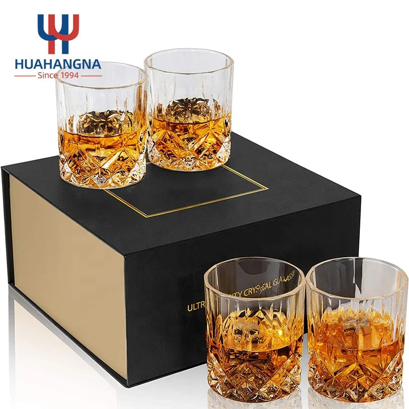 Stylish Premium 11oz Crystal Clear Cocktail Glass Set Unique Design Old Fashioned Whiskey for Presents Pack of 4