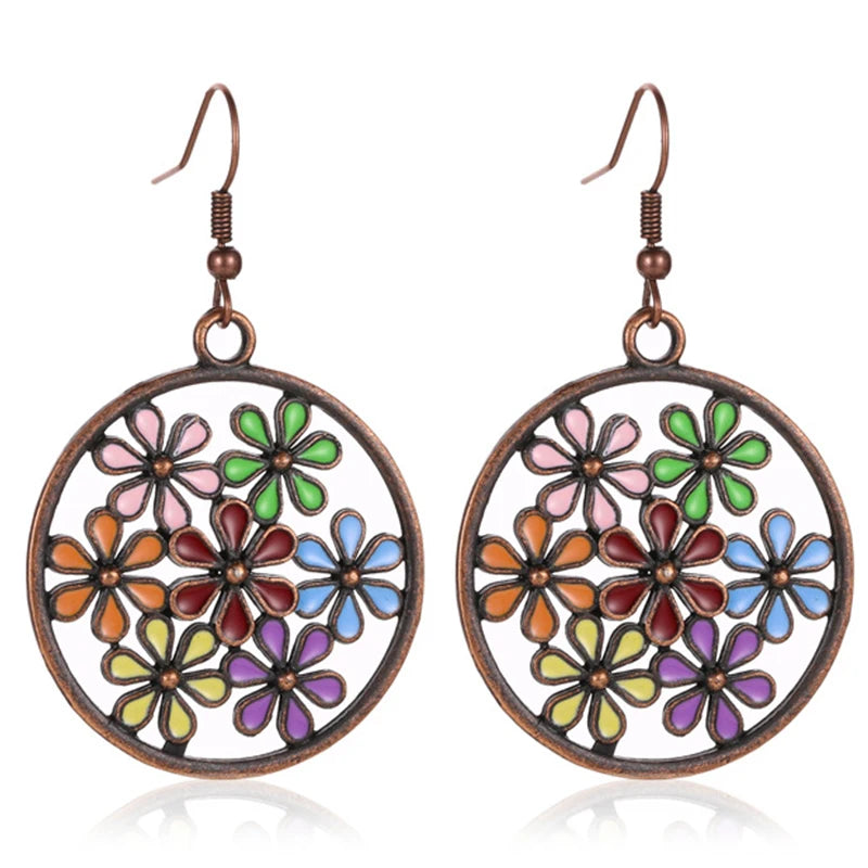 Retro Bohemian Style Antique Bronze Plated Baroque Enamel Flower Boho Vintage Earring Jewelry for Women Ladies
