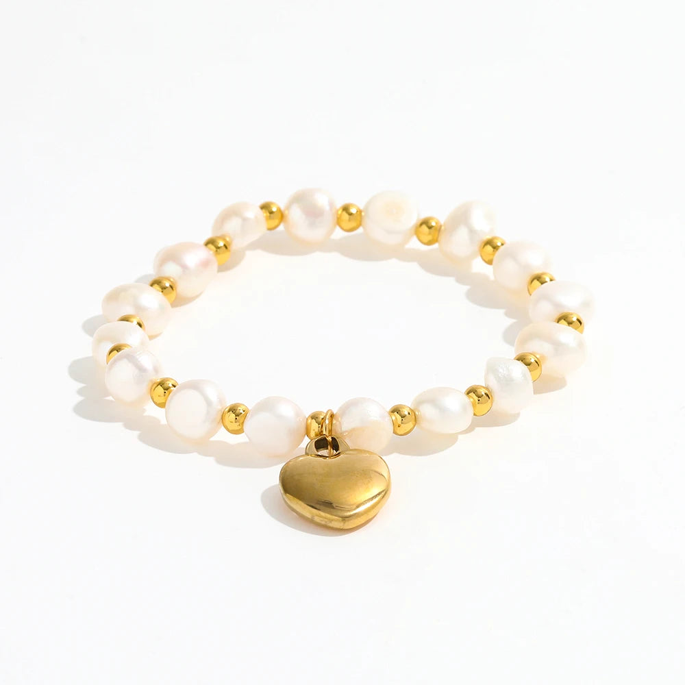 High End Gold Plated Stainless Steel Irregular Pearl Heart Pendant Mixed Chain Bracelet for Women Wholesale Jewelry