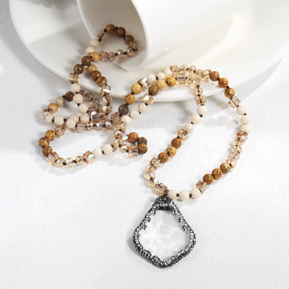 New Fashion Bohemian Women's Jewelry 6mm Natural Stone Glass Knot Necklace Rhinestone Clear Glass Solider Drop Pendant Necklace