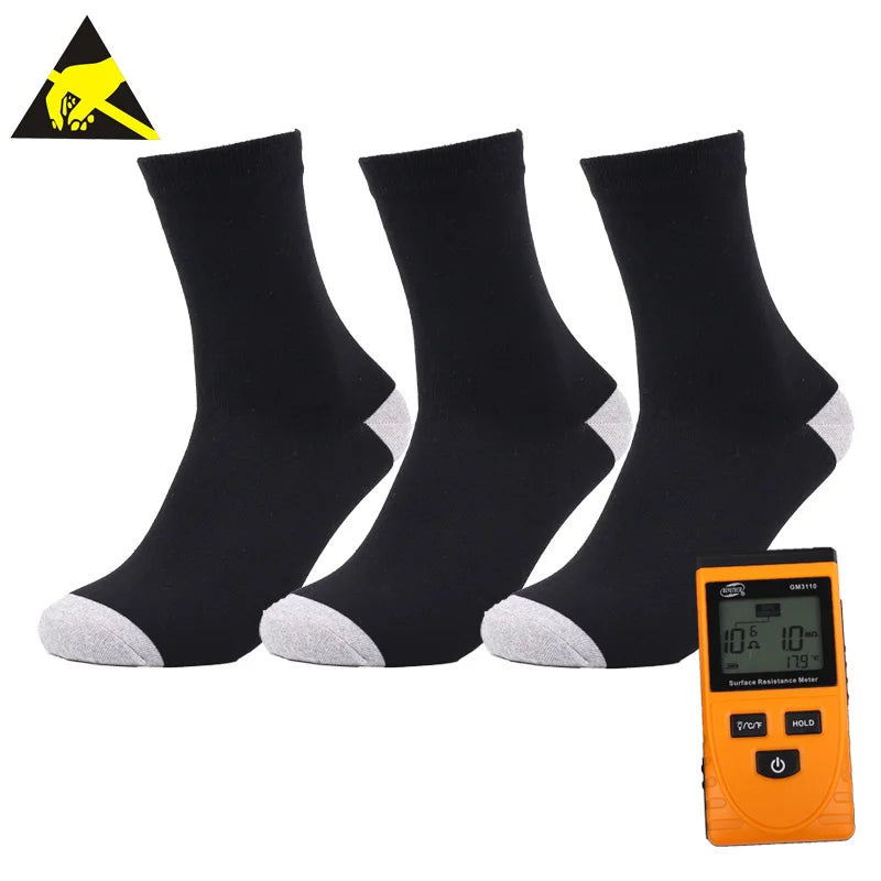 Certificated Electrostatic Prevention Breathable Crew Black 100% Cotton Miners Socks Anti Electric Shock Antistatic ESD Socks