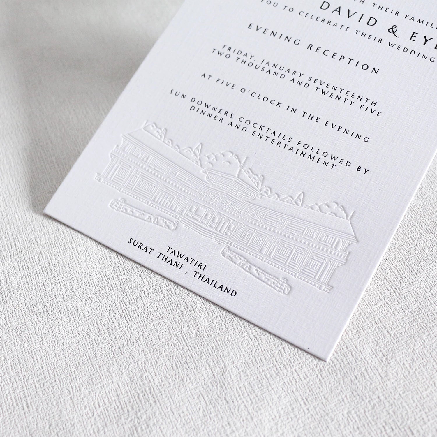 Custom Debossed Venue Embossed Initails White Textured Paper Invitation Card for Wedding  Graduation Party Opening Ceremony