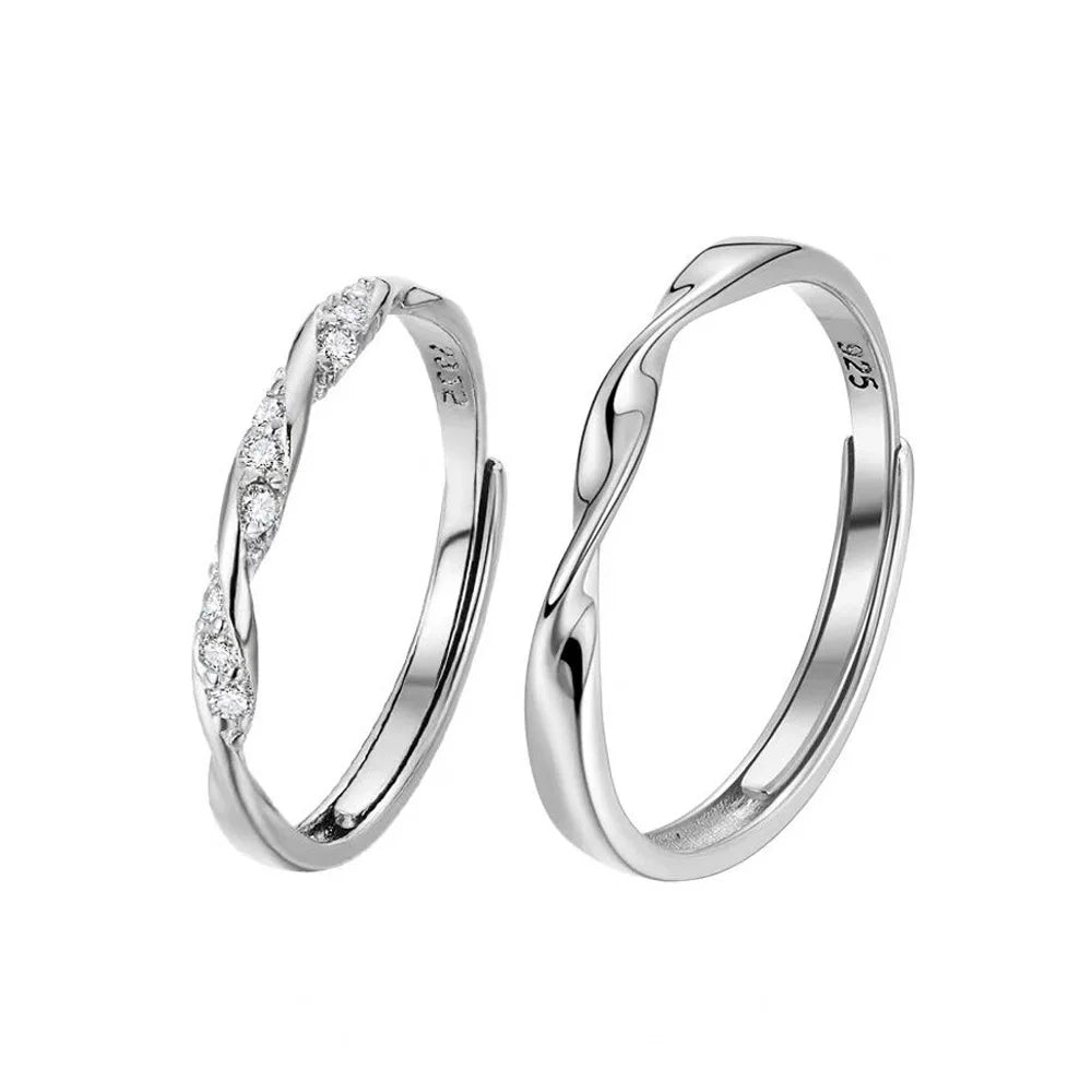Cheap Price Fashion Jewelry White Brass Quality Silver Plated Couples Rings Free Size With Zircon Stones Lovers Pair Rings