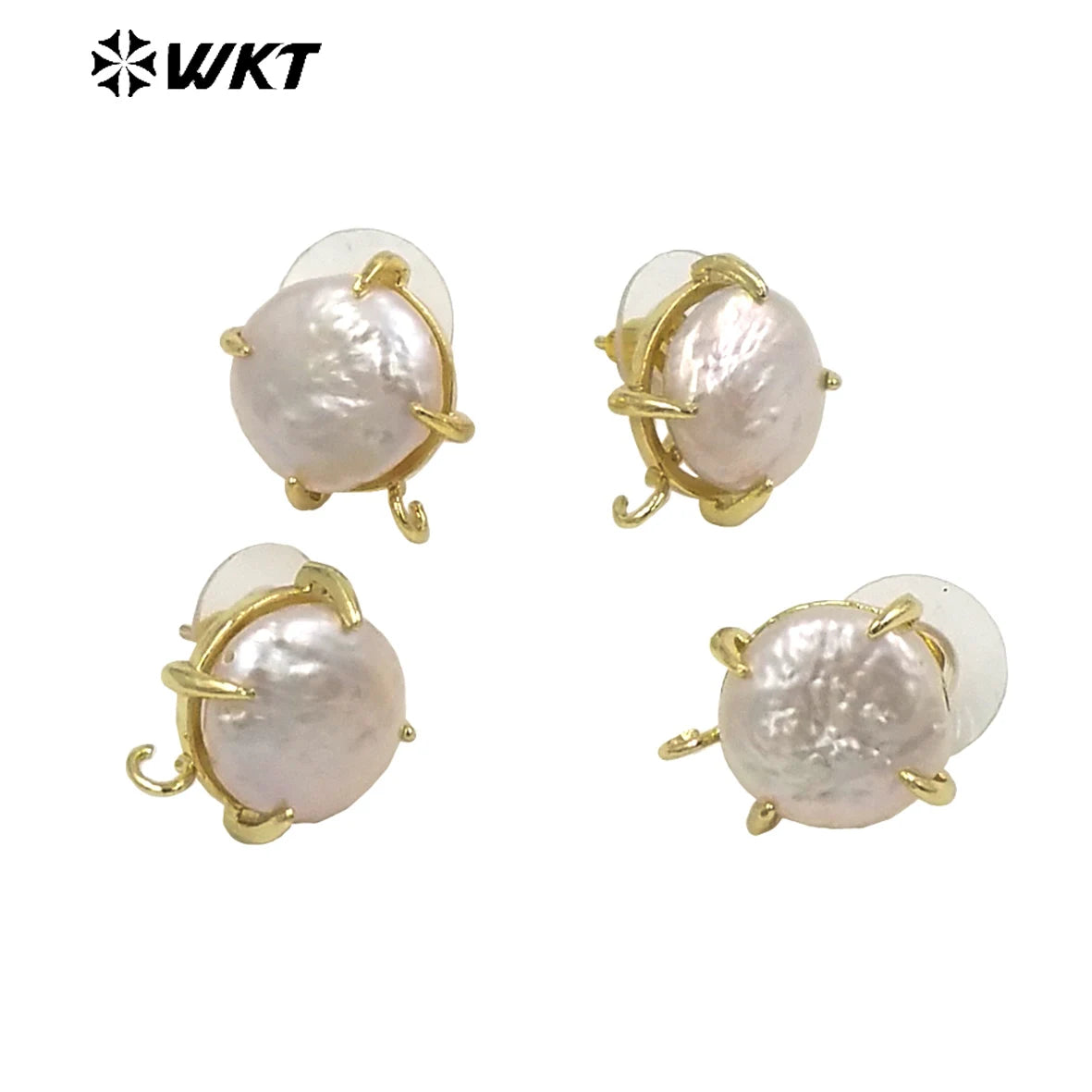 JFE81 Unique Fashion Gold Claw Setting Round Coin Freshwater Pearl Studs with Hoop for Jewelry Making Women DIY Popular Ear Stud