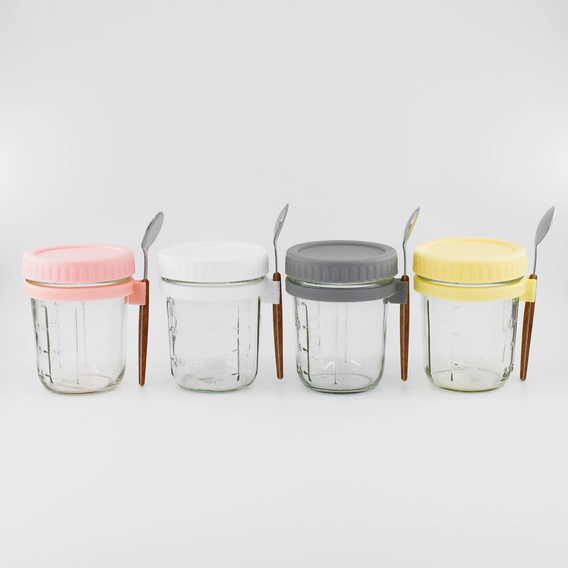 Portable 11oz/350ml New Glass Jar Set Classic Breakfast Cup Container Lids Spoons for Overnight Oatmeal Food Use for Parties