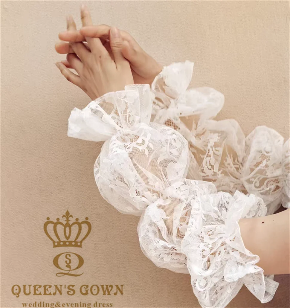 Queens Gown High Quality Wedding Dresses with Long Bubble Sleeves Detachable Bridal Tops/Belts