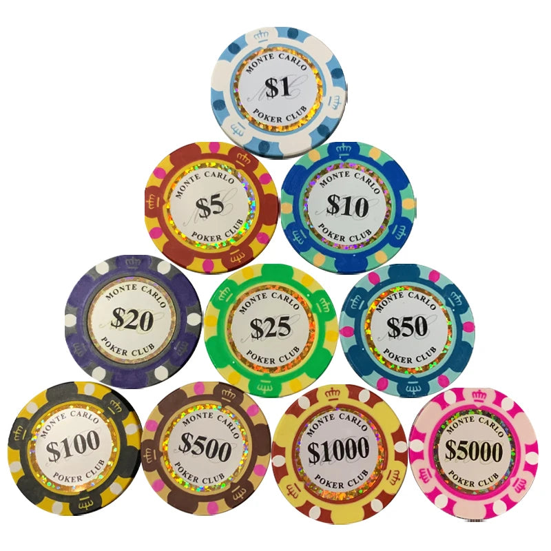 Hot Sale Monte Carlo Poker 12.5g Clay 3-Tone Golden Trim Sticker Customizable LOGO Design Iron Ceramic Casino Hold'em Players