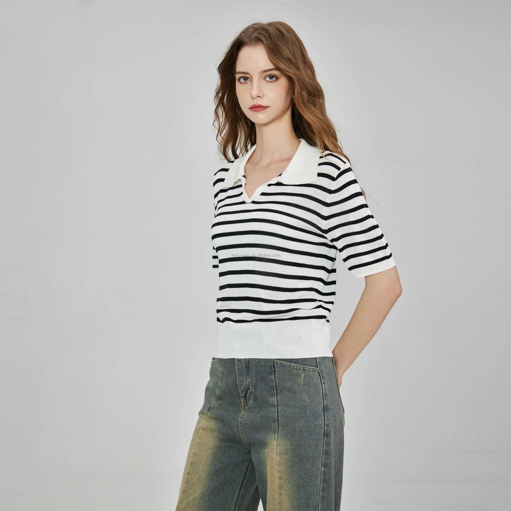 14GG 100% Viscose Knitted Polo Women Ice Silk Short Sleeve Breton Stripe Jumper Top Fine Knit Apparel Jumper Top Tee