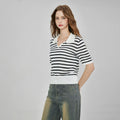 14GG 100% Viscose Knitted Polo Women Ice Silk Short Sleeve Breton Stripe Jumper Top Fine Knit Apparel Jumper Top Tee