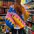 Supplier Custom Winter Color Block Rainbow Knitted Cardigan Coat Women's Chunky Knit Hand Made Crochet Sweater for Women