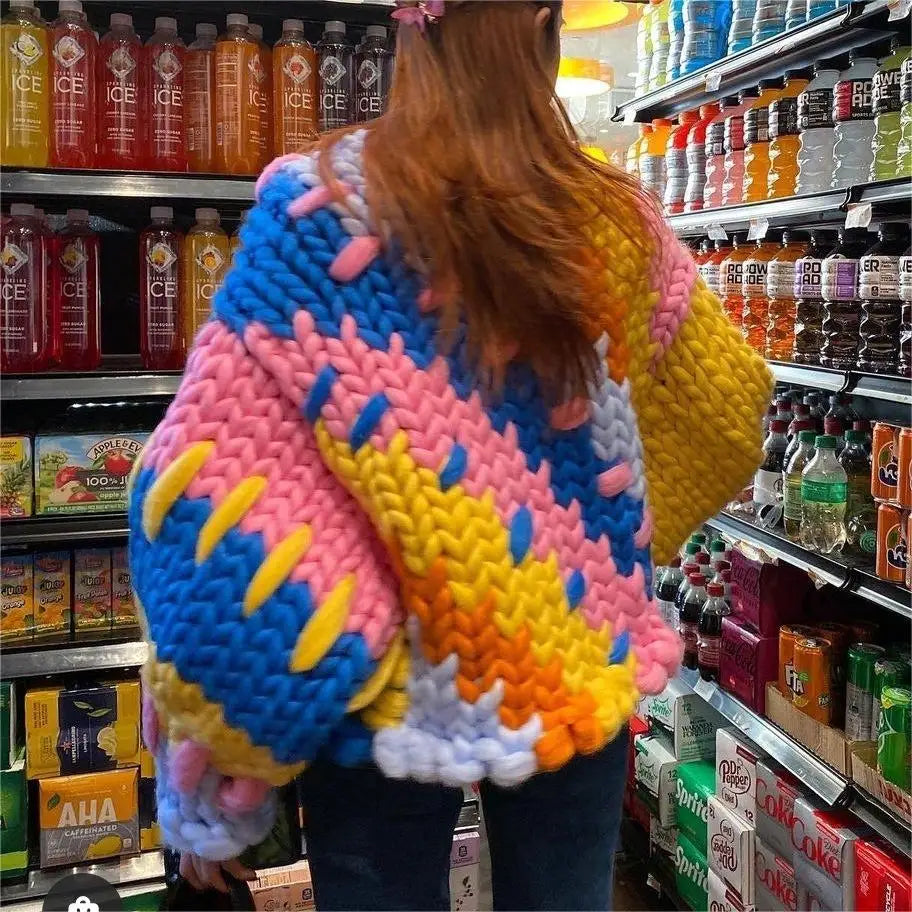 Supplier Custom Winter Color Block Rainbow Knitted Cardigan Coat Women's Chunky Knit Hand Made Crochet Sweater for Women
