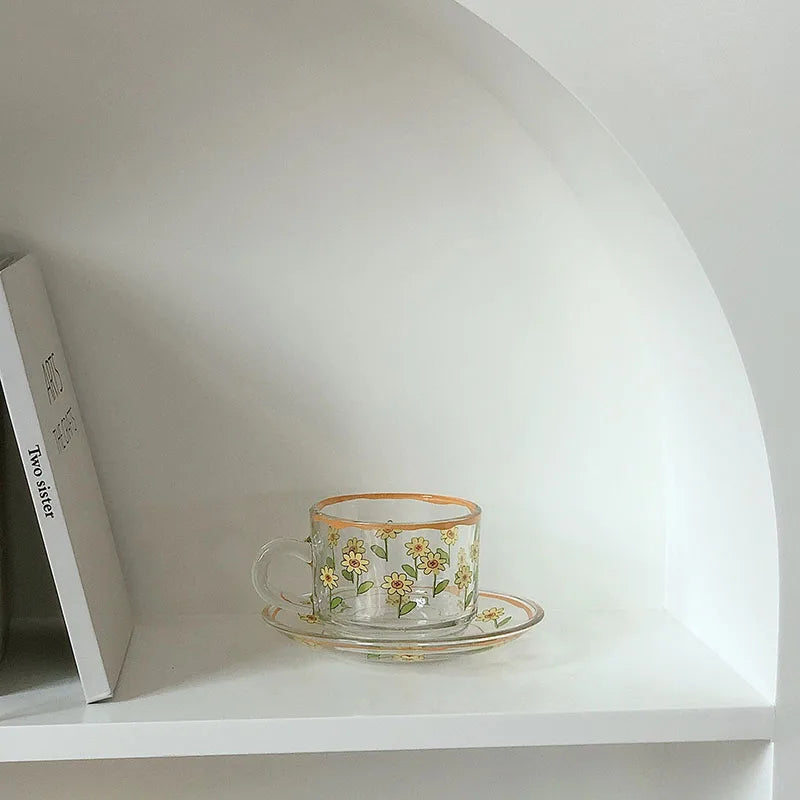 Korea INS Tulip Glass Coffee Cup and Saucer Vintage Girl Heart Flower Checkerboard Glass Cup and Saucer Set