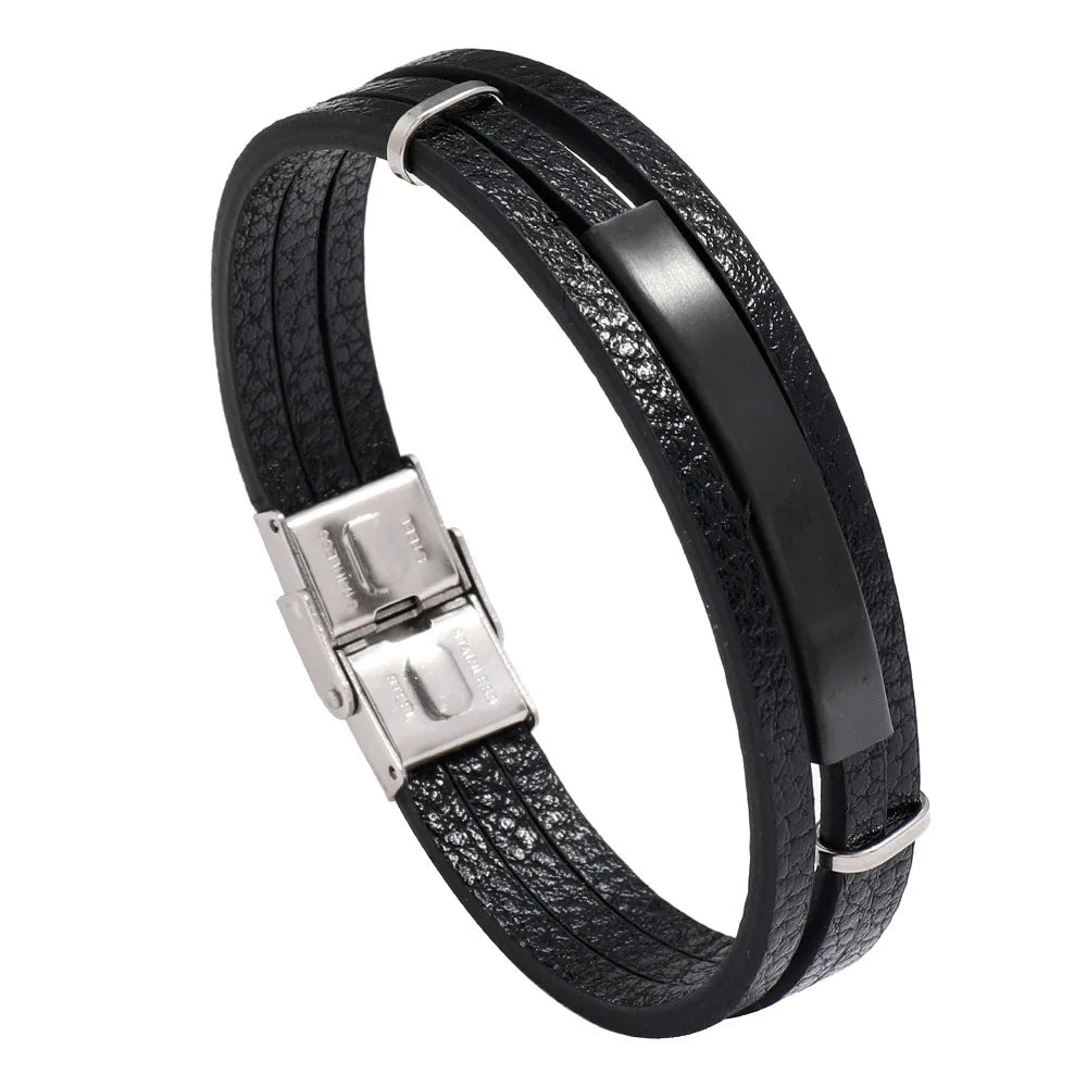 DPANCO Simple Blank Stainless Steel Rhodium Plated Magnetic Buckle Geometric Design PU Leather Men's Cuff Bracelets Fashion