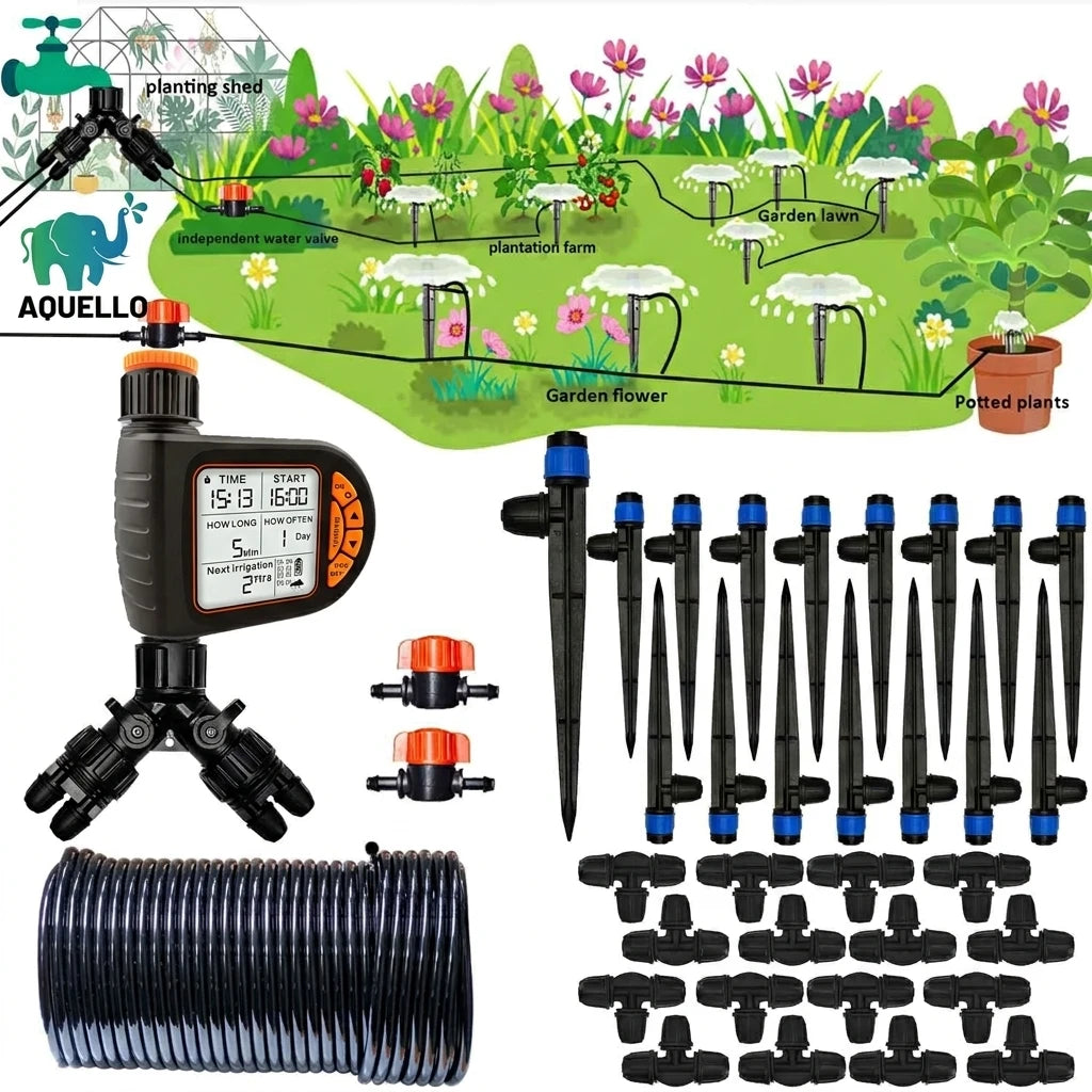 Garden Irrigation System Kit with Water Timer  Hose Fountain Spray Automatic Watering System for Patio Lawn Water Conservation