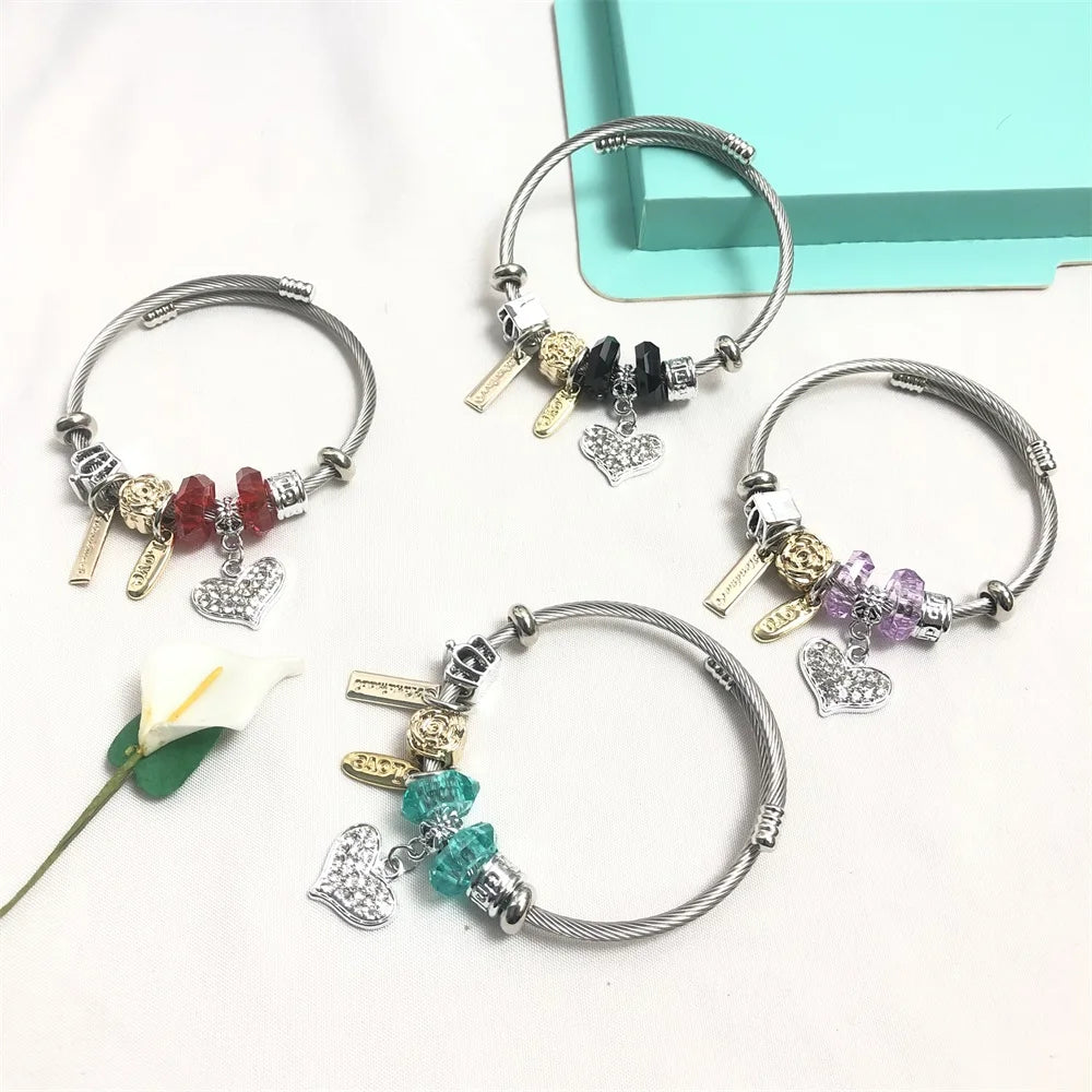 2024 Spring New Design Full Rhinestone Heart Pendant Steel Bangle Women Charm Bracelet