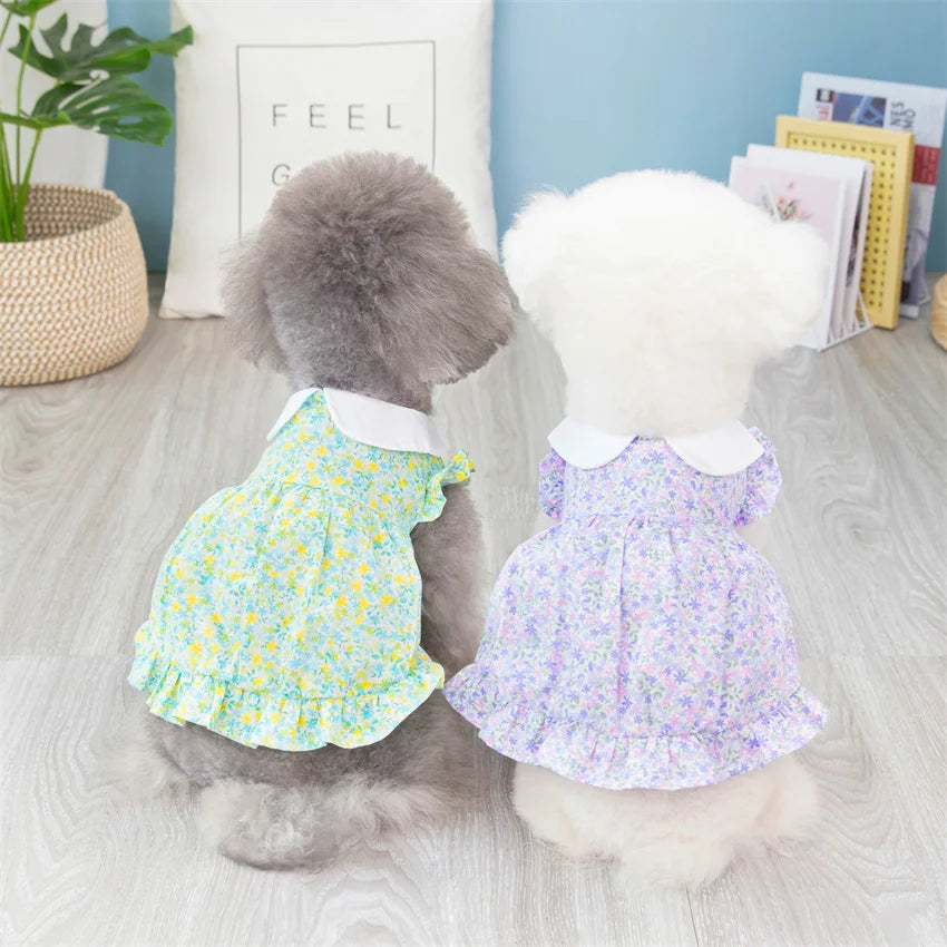 Stocked Wholesale Summer Small Princess Dog Dress Dog Clothes Blue Yellow Floral