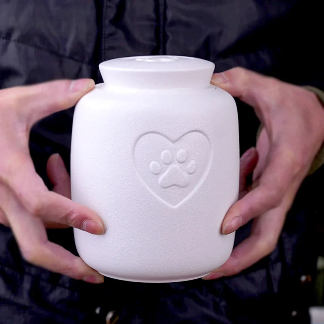 White Ceramic Cremation Urn Small Animal Keepsake Paw Print Ash Holder Stainless Steel Memorial Pet Cat Dog Funeral Casket