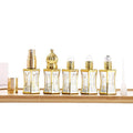 7ml Thin Waist Hexagon Fancy Golden Arabian Oud Attar Fragrance Perfume Oil Glass Bottle with Roller Ball and Stick and Spray MegaBDM