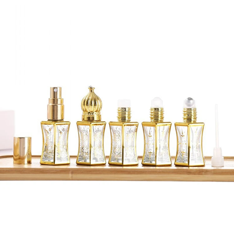 7ml Thin Waist Hexagon Fancy Golden Arabian Oud Attar Fragrance Perfume Oil Glass Bottle with Roller Ball and Stick and Spray MegaBDM