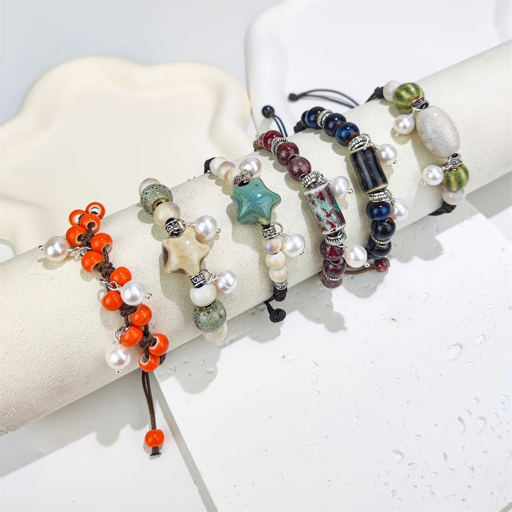 Hot Selling 2025 New Designs Hand Crafts DIY Ceramics Bead Natural Freshwater Pearl Charm Resizable Bracelets for Women Jewelry