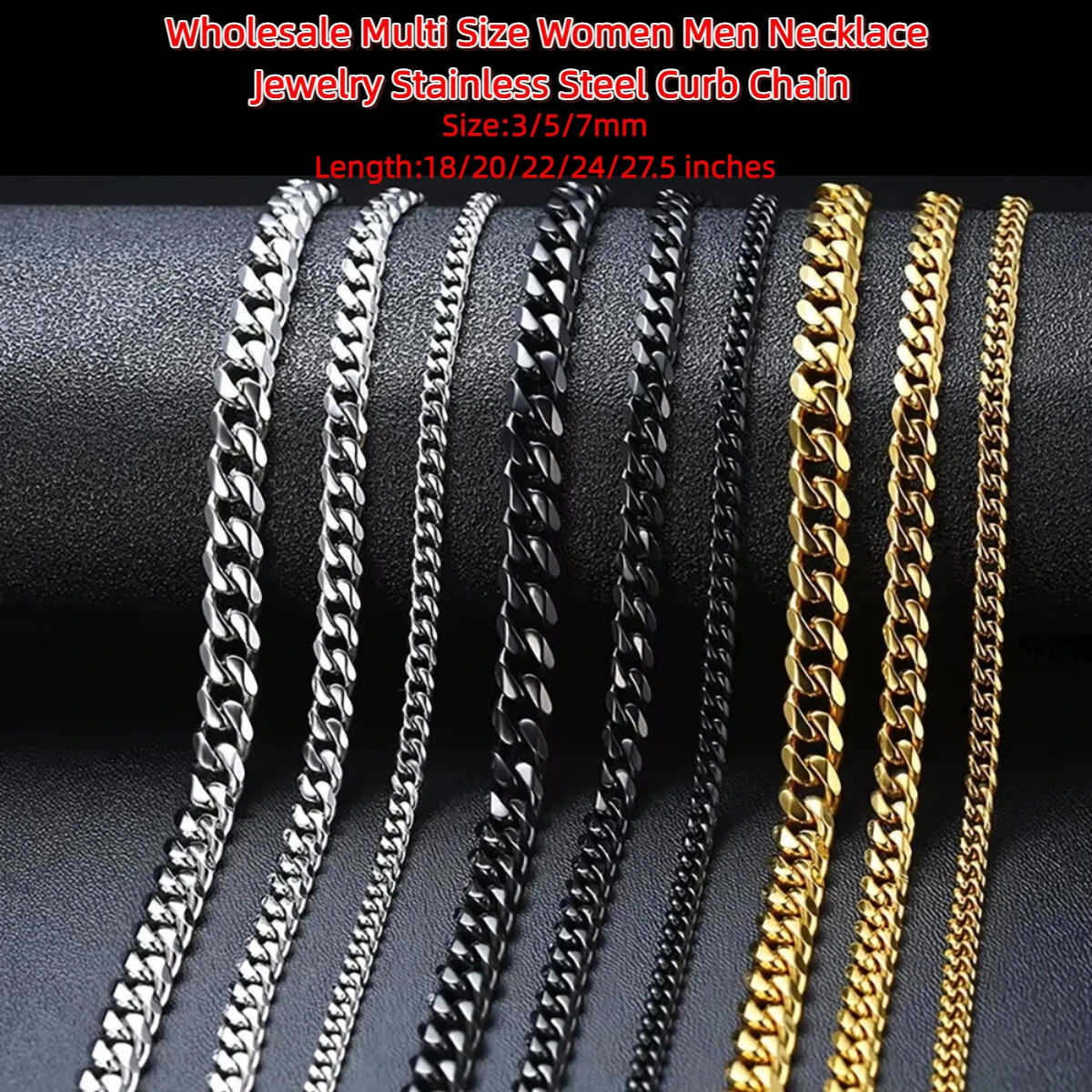 Fast Shipping in Stock Cuban Chain Necklace Multi Size 3/5/7mm 45-70cm Waterproof Stainless Steel Wholesale Chian for Men&Women MegaBDM