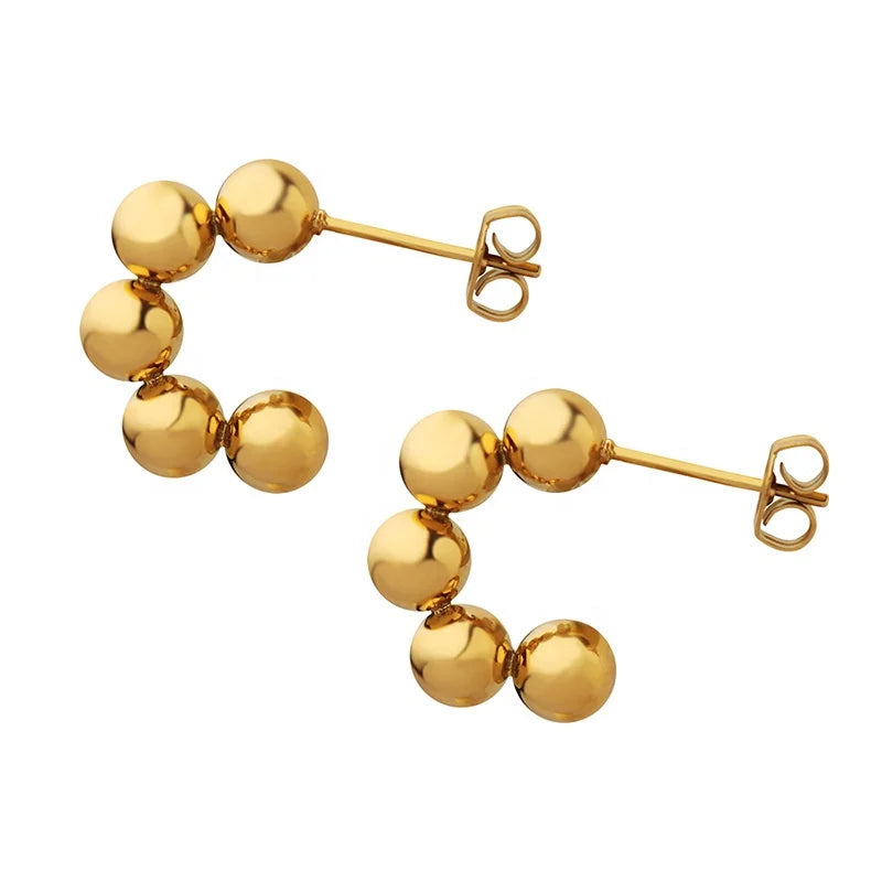Fashion Small Round Beads Patchwork C-Shaped Earrings Stainless Steel 18k Gold Plated Earrings for Women
