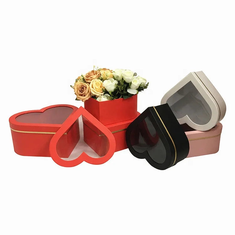 High Quality PVC Window Heart Box Flower Box Three-Piece Set with Matt Lamination and Embossing for Gift Packaging
