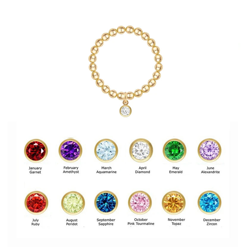 Personalised 14K Gold Filled Beaded Ring Trendy Elasticity Birthstones Zircon Charm Friendship Ring Gift