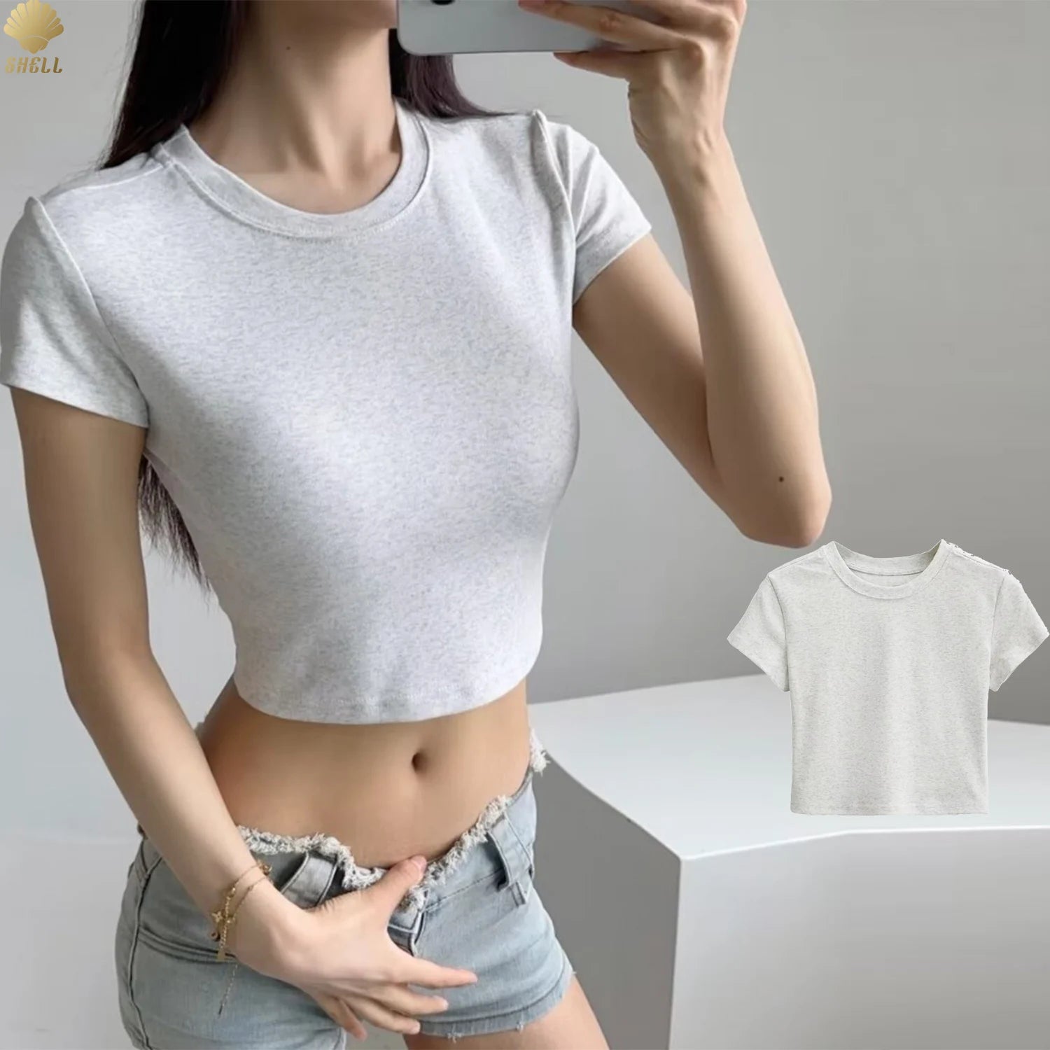 CNSHELL Custom Crew Neck Slim Fit Plain Tees Sport T-Shirts Cropped Short Sleeve Female Tops and T-Shirt