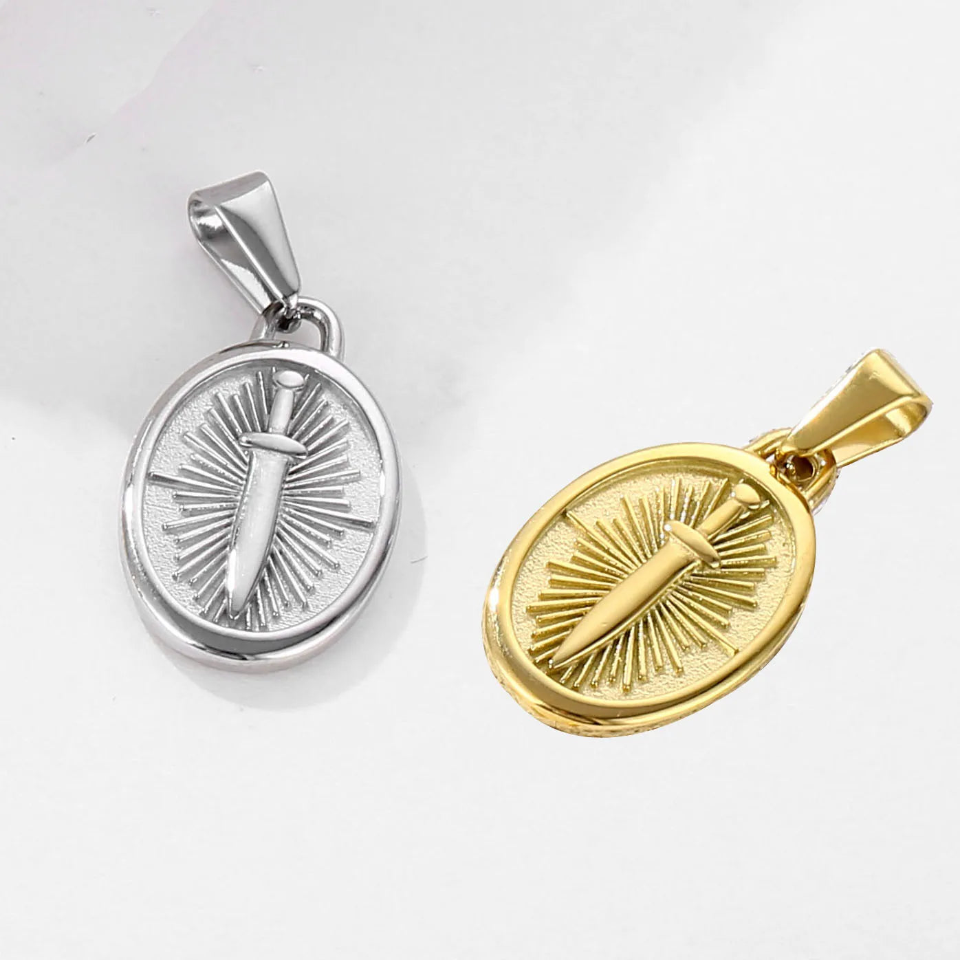 18K Gold Plated Dagger Necklace Oval Coin Punk Knife Charm Stainless Steel Women Men Dagger Pendant