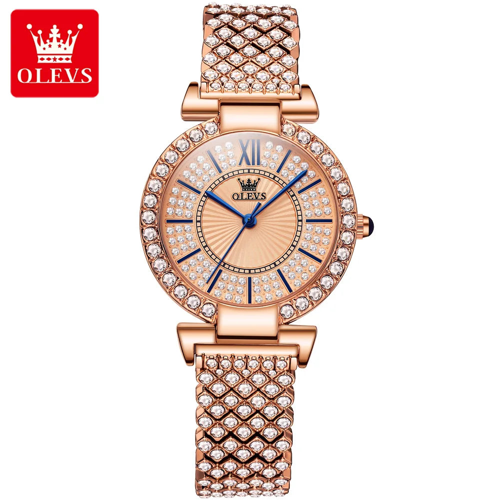 OLEVS 9942 Fashion Gilded Women Watches Jewelry Set Classic Rome Luxury Wristwatch Full Diamond Quartz Women  Set Watch Bracelet