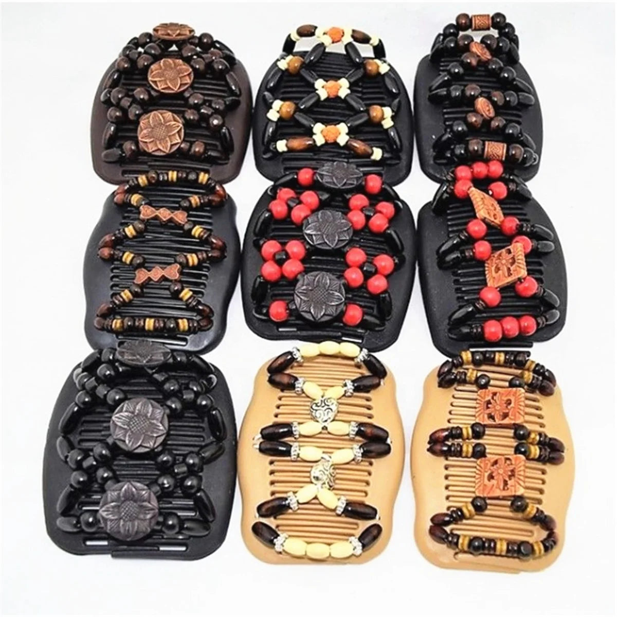 Vintage Magic Wood Beads Stretchy Hair Styling Slide Clip Updo Combs Headwear Random Color