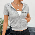 Custom Logo Ladies Gym Sweatshirt F230435 Short Sleeve Cropped Zip-up Hoodie with Pocket Cotton Terry Top