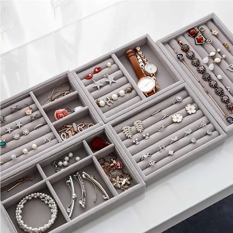 Handmade DIY Jewelry Box Drawer Storage Organizer Gray Soft Velvet Jewellery Earring Necklace Pendant Bracelet Tray